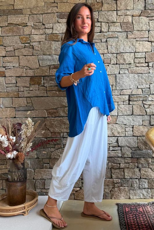 Pia Pillow Cotton Embroidered Tile Classic Shirt Cobalt